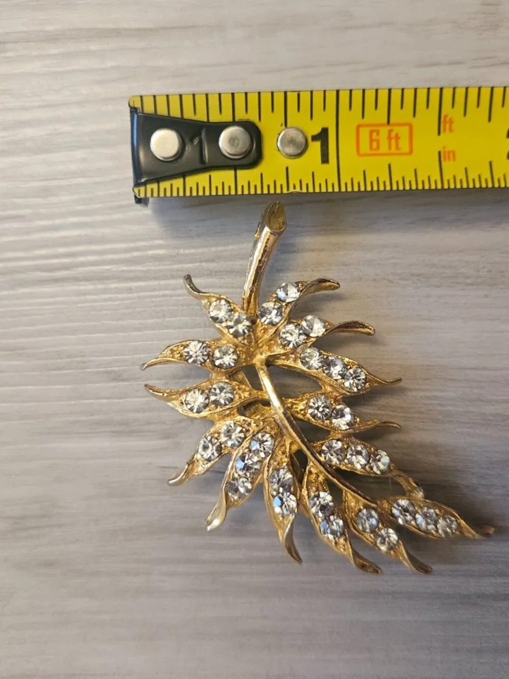 Vintage Gold-Tone Leaf & Feather Rhinestone Brooch